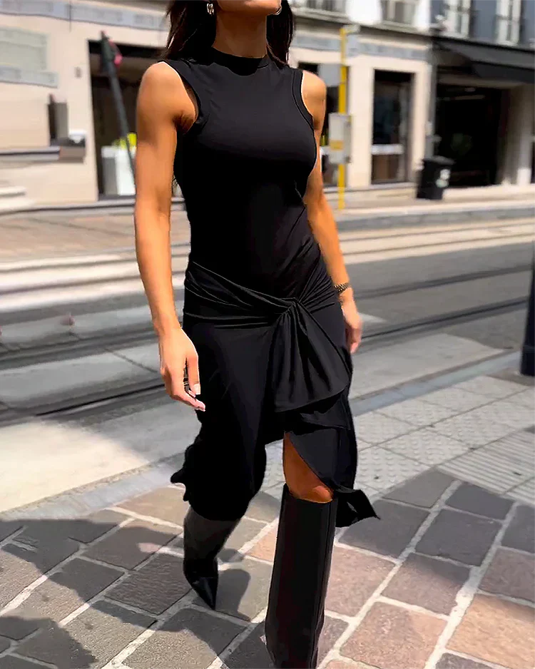 Vestido Midi Asimétrico de Cuello Alto para Mujer