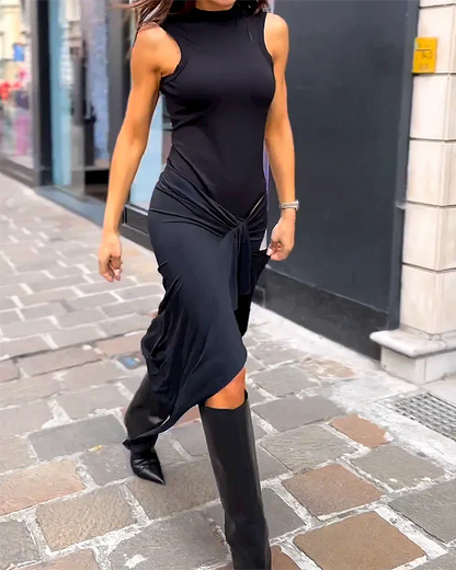 Vestido Midi Asimétrico de Cuello Alto para Mujer